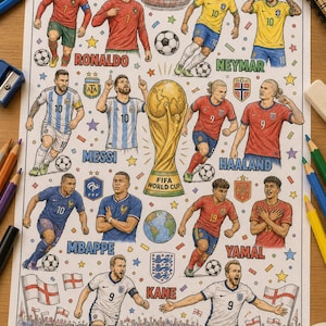 Puede incluir: Un cuaderno para colorear con ilustraciones de estrellas de fútbol como Ronaldo, Messi y Neymar. El cuaderno incluye el texto "World Cup Stars" y "Coloring Activity Pack", junto con balones de fútbol y banderas. Lápices de colores rodean el cuaderno.