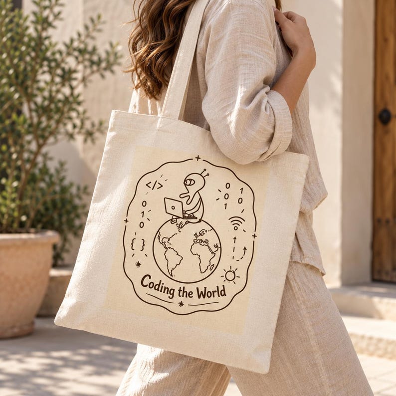 Programmer Tote Bag, Software Developer Gift, Coding the World, Coder Canvas Bag, Computer Science Gift image 2