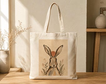 Rabbit Canvas Tote Bag, Vintage Botanical Art, Cotton Tote Bag, Everyday Tote, Gift for Bunny Lover