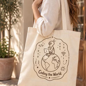 Programmer Tote Bag, Software Developer Gift, Coding the World, Coder Canvas Bag, Computer Science Gift image 4