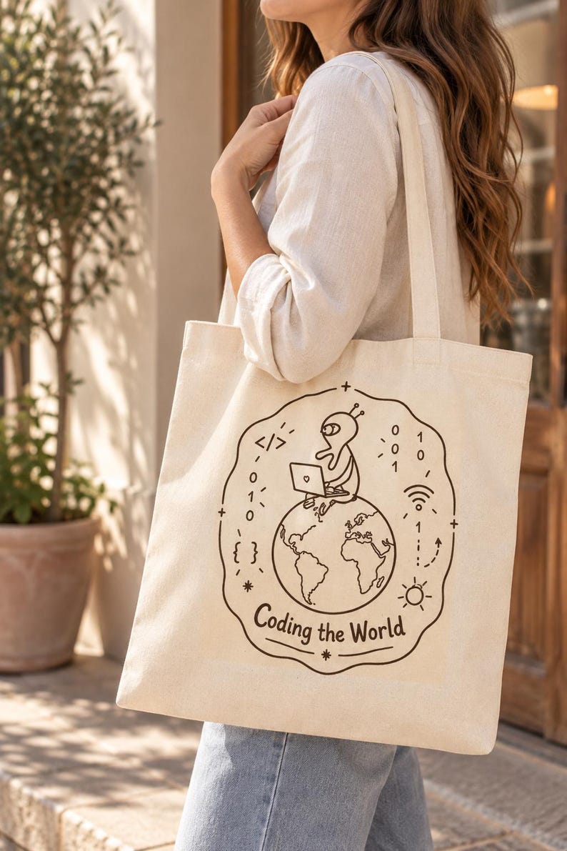 Programmer Tote Bag, Software Developer Gift, Coding the World, Coder Canvas Bag, Computer Science Gift image 4