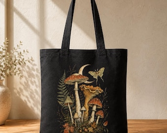Vintage Mushroom Canvas Tote Bag, Cottagecore Cotton Tote Bag, Reusable Market Bag, Fall Gift for Nature Lovers