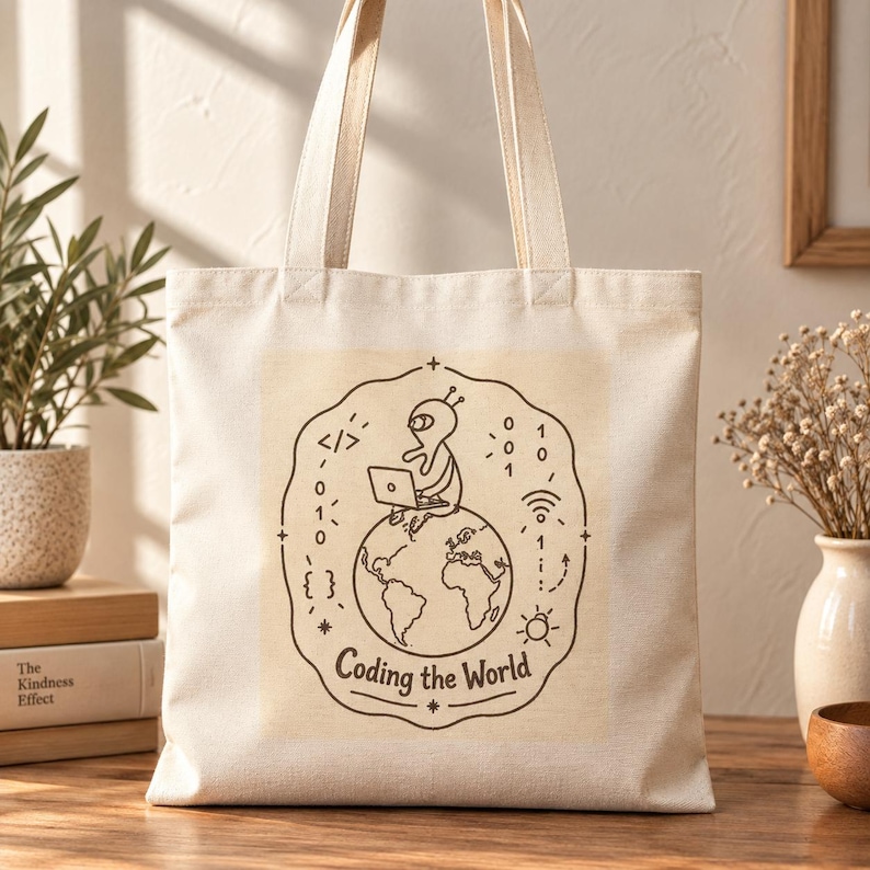 Programmer Tote Bag, Software Developer Gift, Coding the World, Coder Canvas Bag, Computer Science Gift image 1