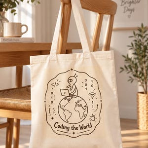 Programmer Tote Bag, Software Developer Gift, Coding the World, Coder Canvas Bag, Computer Science Gift image 3