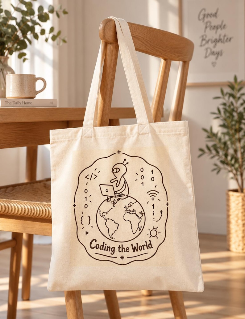 Programmer Tote Bag, Software Developer Gift, Coding the World, Coder Canvas Bag, Computer Science Gift image 3