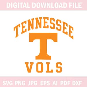 May include: A digital graphic design featuring the word TENNESSEE in an orange arched font above a large, bold orange letter T, with the word VOLS in an orange block font positioned directly below the letter T on a plain white background.