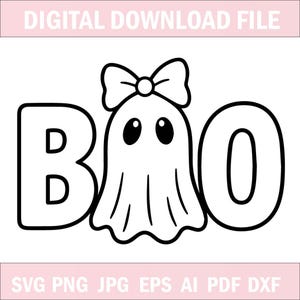 May include: A black and white digital graphic featuring the text BOO, where the letter O is replaced by a ghost wearing a bow on its head. The ghost has two solid black oval eyes and a simple sheet-like body with a scalloped bottom edge.