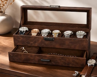 6-Slot Brown Faux Leather Watch Box with Jewelry Drawer, Glass Top Display Case