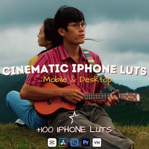 Pode incluir: Uma pessoa com camisa de listras vermelhas e brancas toca um ukulele marrom, com o texto CINEMATIC IPHONE LUTS, Mobile & Desktop e +100 IPHONE LUTS, acompanhado por cinco ícones de software na parte inferior da imagem.