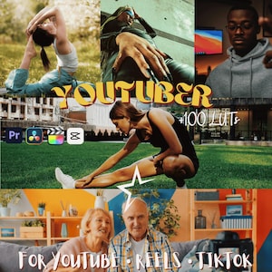 Op de afbeelding: Een collage met het woord 'Youtuber' prominent aanwezig. Het bevat tekst zoals '+100 LUTs' en 'For Youtube • Reels • Tiktok'. De afbeelding toont mensen in verschillende poses en pictogrammen van videobewerkingssoftware.