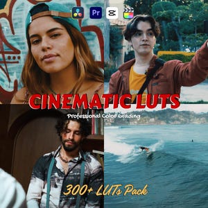 May include: A collage featuring four scenes: a woman in a cap, a man in a jacket, a man in a shirt, and a surfer on a wave. Text overlay reads "CINEMATIC LUTS" and "Professional Color Grading" with "300+ LUTS Pack" at the bottom.