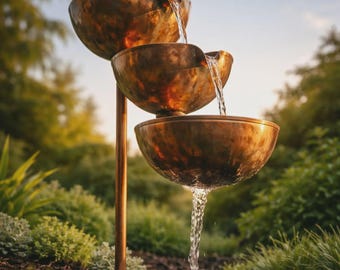 Rustic Metal 3-Bowl Fountain Stake, Zen Garden Water Feature, Yard Art Accent