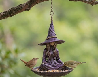 Meditating Witch Bird Feeder, Gothic Garden Decor, Purple Zen Statue, Outdoor Yard Art