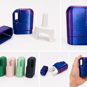 May include: A set of small, rectangular, jug-shaped containers with handles, featuring a smooth, iridescent blue and purple finish. The set includes a white internal insert and a matching lid. Additional versions are shown in solid green, pink, and black.
