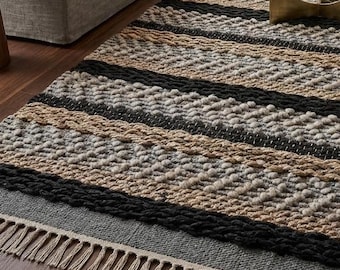 Handwoven Striped Wool Jute Runner Rug | Boho Farmhouse Entryway Accent