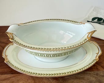 Vintage Noritake Musetta Gravy Boat, 1930s Green Gold Porcelain Serveware