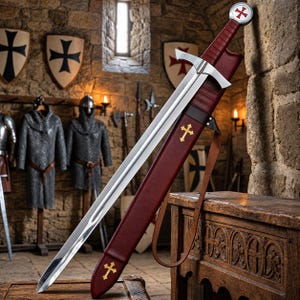 May include: A steel sword with a double-edged blade and a silver crossguard, paired with a deep red leather scabbard. The scabbard features two gold-colored cross emblems, while the pommel displays a circular red cross on a white background.