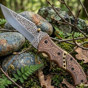 Puede incluir: Una navaja plegable con una hoja plateada que presenta intrincados grabados de volutas. El mango está hecho de metal cobrizo con patrones florales a juego, asegurado con tornillos negros y un perno de pulgar color latón.
