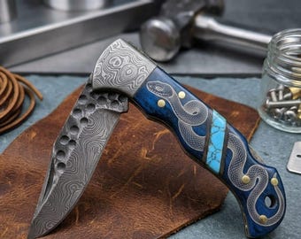 Handmade Damascus Pocket Knife | Blue Wood + Turquoise Handle | Snake Engraving | EDC Folding Knife | Gift For Him | Collector Knife