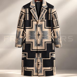 Abrigo largo de lana para hombre con estampado azteca, gabardina de invierno geométrica del suroeste, abrigo llamativo de estilo nativo americano.