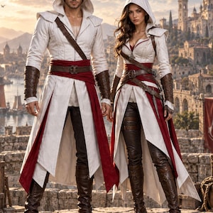 White Hooded Canvas Coat – Handmade Fantasy Warrior Robe, Assassin Inspired Cosplay Costume, Medieval LARP Jacket, Custom Outfit