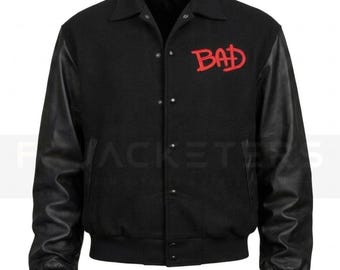Giacca bomber del tour mondiale BAD di Michael Jackson - Replica in lana e pelle, stile retrò anni '80, da concerto.