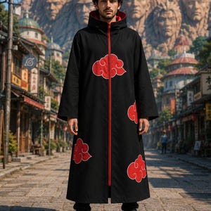Black Cotton Anime Cloak | Red Cloud Hooded Robe, Japanese Fantasy Cosplay Costume