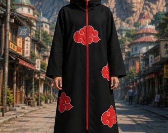Black Cotton Anime Cloak | Red Cloud Hooded Robe, Japanese Fantasy Cosplay Costume
