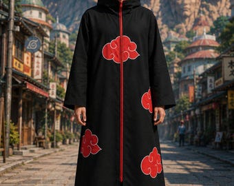 Cape d'anime en coton noir | Robe à capuche nuage rouge, costume de cosplay fantastique japonais
