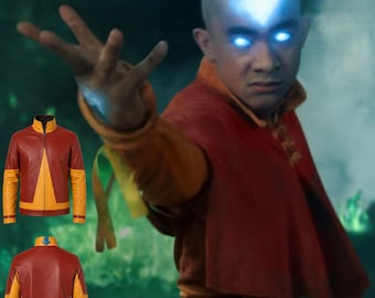 Giacca in pelle ispirata ad Avatar Aang The Last Airbender, arancione bordeaux, giacca da motociclista cosplay fatta a mano