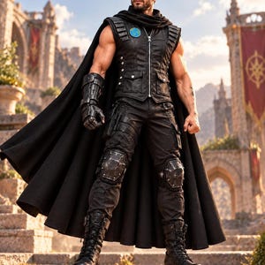 Traje de Cosplay do Carl, Colete de Couro Inspirado em Masmorra, Capa Preta Fluida, Visual de Fantasia Sombria LitRPG, Roupa de Halloween