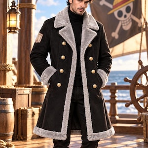 Chaqueta de cuero borreguillo inspirada en anime, abrigo de invierno estilo ante negro, cuello de pelo sintético gris, ropa de abrigo de