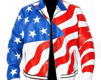 Giacca da motociclista in similpelle con bandiera americana, realizzata a mano, modello Vanilla Ice. Giacca da motociclista vintage in similpelle con bandiera USA. Giacca da motociclista retrò con bandiera USA.