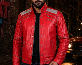 Giacca in pelle rossa ispirata a Michael Jackson, modello Beat It, con maniche staccabili, replica del costume pop anni '80.