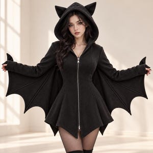Bat Wing Hoodie, Black Zip-Up Vampire Cape Jacket with Pointed Hood Ears