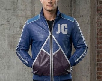 Giacca in pelle blu replica di Johnny Cage da Mortal Kombat II, giacca da motociclista per cosplay di MK2