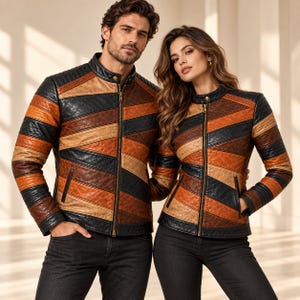 Veste homme en cuir véritable patchwork multicolore, veste de motard style café racer faite main, vêtement d'extérieur vintage