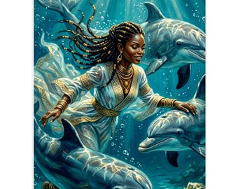 Stampa artistica "L'Imperatrice dell'Oceano e i Delfini" / Decorazione murale / Arte afrocentrica / Arte nera / Arte moderna / Arte contemporanea