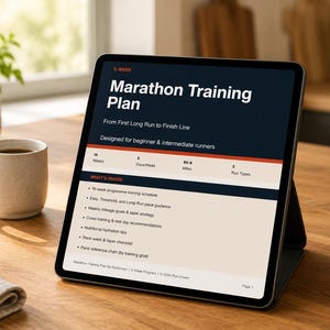 Könnte beinhalten: Ein digitales Tablet zeigt einen Marathon-Trainingsplan mit dem Text "Marathon Training Plan" und "Designed for beginner & intermediate runners." Eine Kaffeetasse und eine Pflanze stehen auf dem Holztisch.