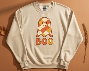 Retro Checkerboard Ghost Sweatshirt, Groovy Halloween Crewneck, Y2K Spooky Season Top, retro gift