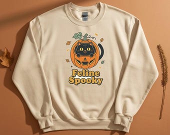 Spooky Black Cat Halloween Crewneck Sweatshirt, Retro Pumpkin Cat Shirt, halloween gift