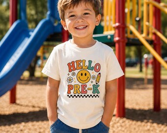 レトロなハロープレK幼児用Tシャツ｜スマイリーフェイス新学期シャツ