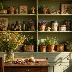 May include: A sage green cabinet filled with potted plants, herbs, and decorative items. A wooden table in the foreground holds a vase of wildflowers and a lit candle. The scene is bathed in natural light.