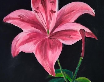 Pink Lily Painting, Original Floral Artwork, Black Background Flower Art, Botanical Wall Decor, Acrylic Canvas Painting