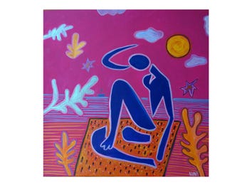 Summertime - Pink Abstract Figurative Painting, Original Acrylic on Canvas, Colorful Modern Wall Art, 40x40 cm,Contemporary Woman Artwork