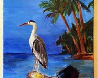 Acrylic Painting, Tropical Heron Painting, Beach House Wall Art, Coastal Decor