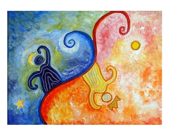 Original Abstract Painting, Children Room, Wall Decor, Day And Night, Whimsical Art, Acrylic on Canvas, 9x7inch, Colorful Art