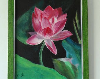 Pink Lotus Flower Painting, Green Frame- Water Lilly Painting -Flower Painting- Acrylic on canvas Floral Painting