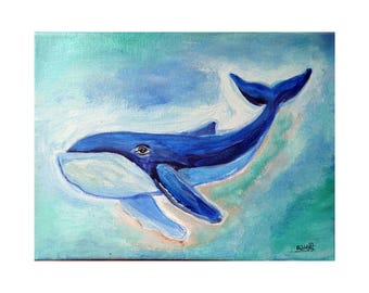 Whale Original acrylic on canvas painting - Ocean Dreamer - Kids room decor - 7''x 9''