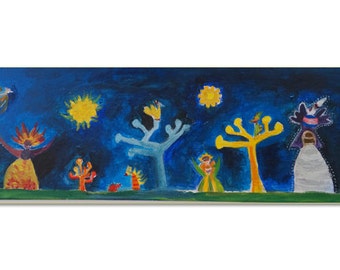 Whimsical Night Garden – Original Acrylic Painting on Canvas (60 x 20 cm)